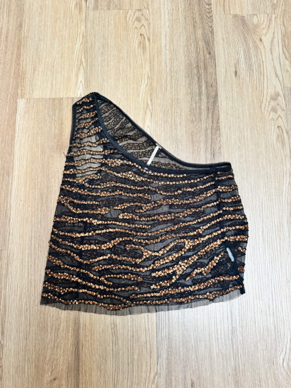 Free People Black One-Shoulder Sequin Crop Top with Bronze Sequins
